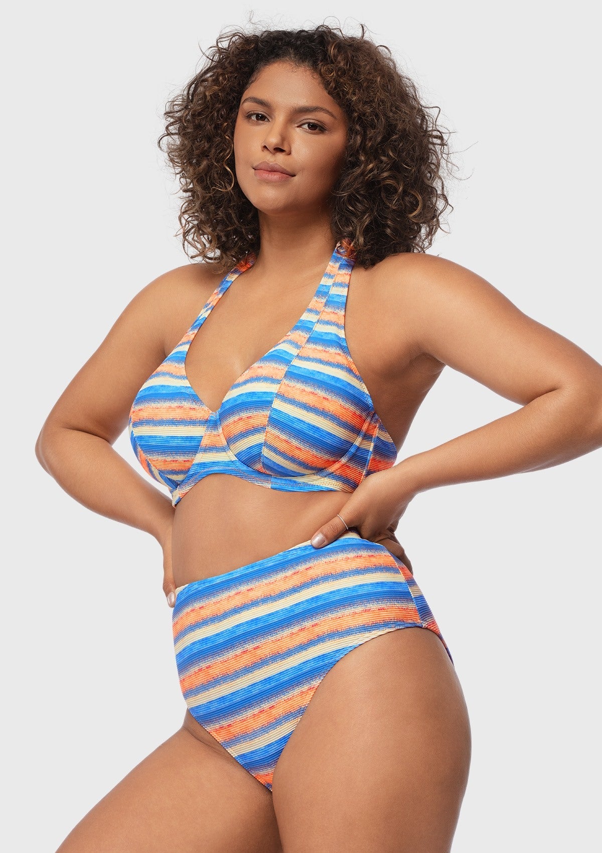 Multi Colored Striped Textured Halter Bikini Set