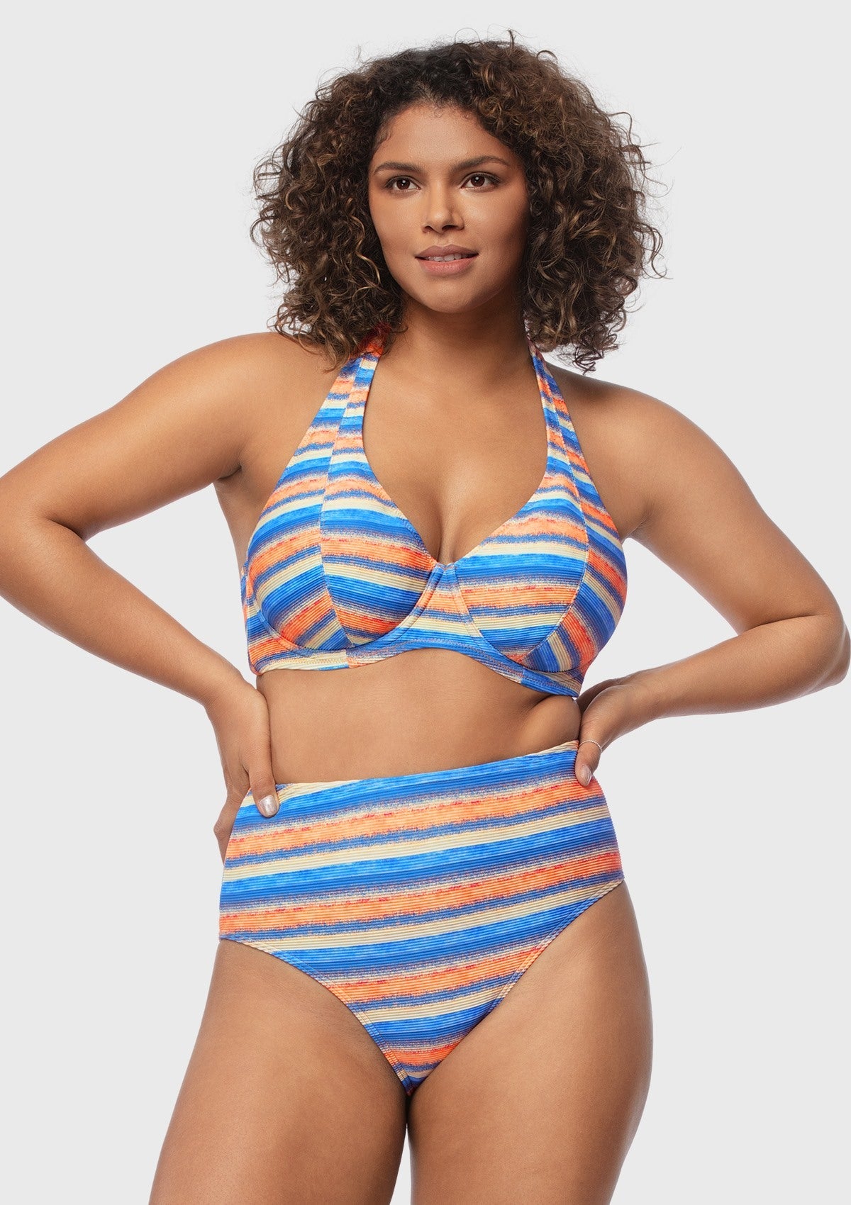 Multi Colored Striped Textured Halter Bikini Set