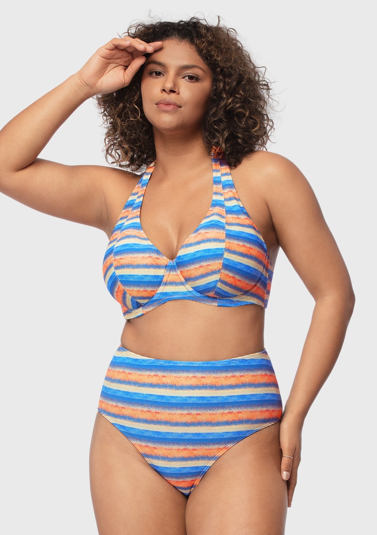 Multi Colored Striped Textured Halter Bikini Set