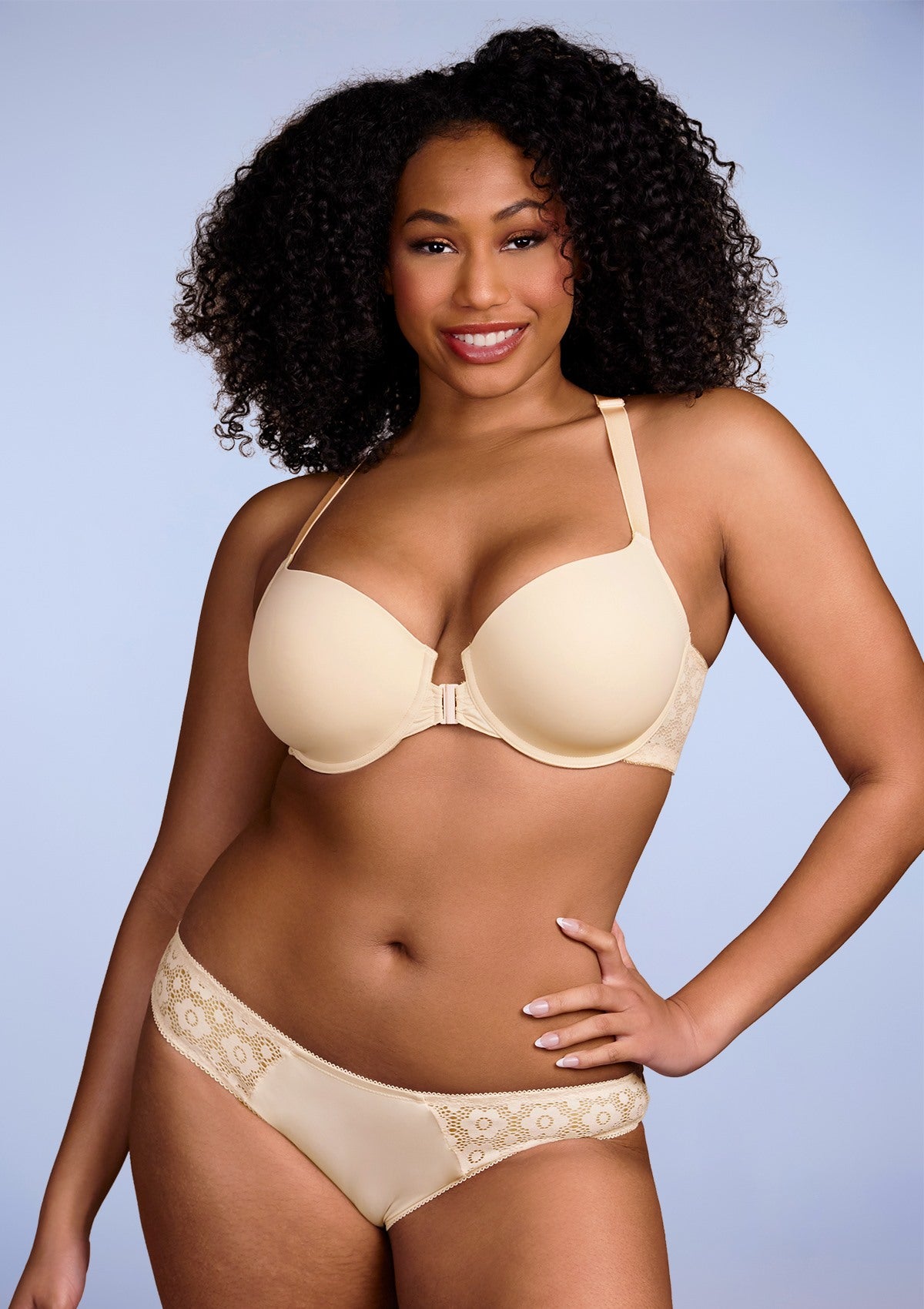 Serena Front-Close Champagne Lace-Back Racerback Underwire Bra Set