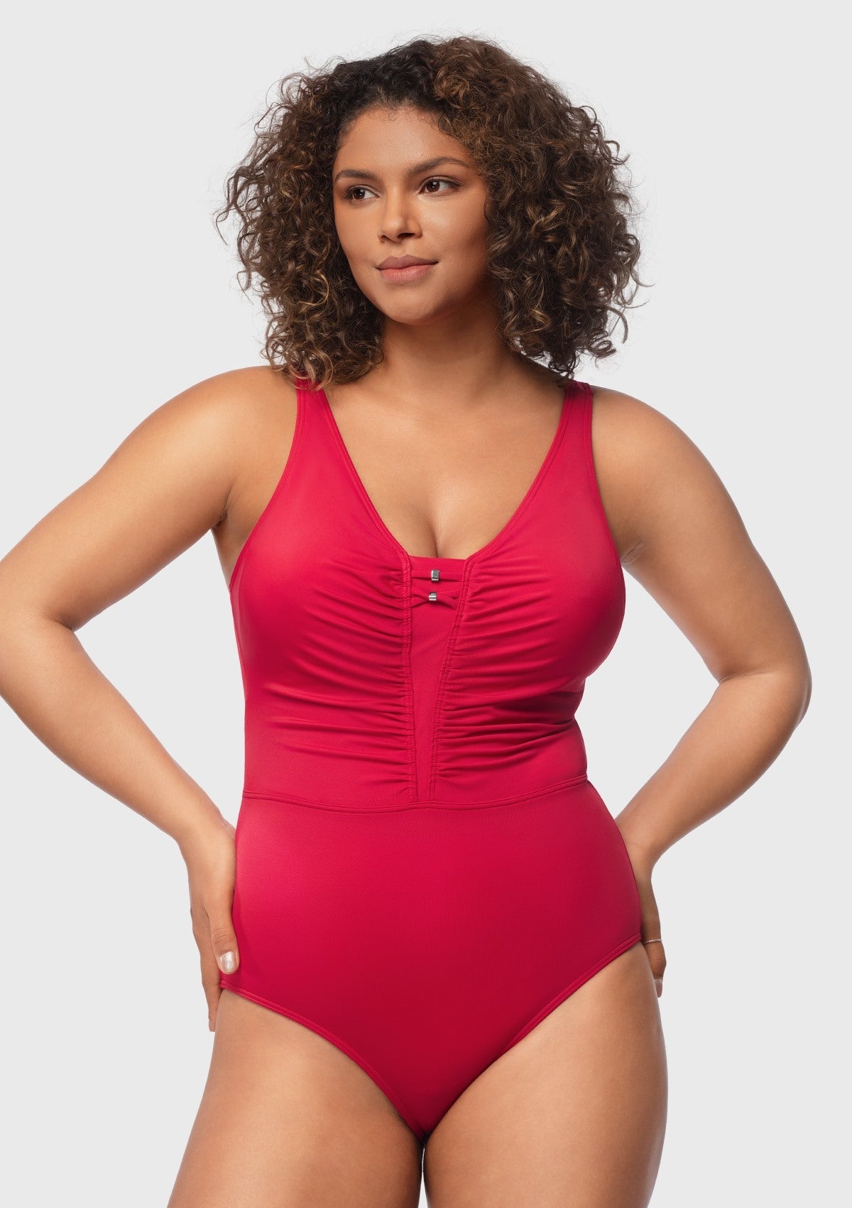 V-Neck Shirred One-Piece Swimwear