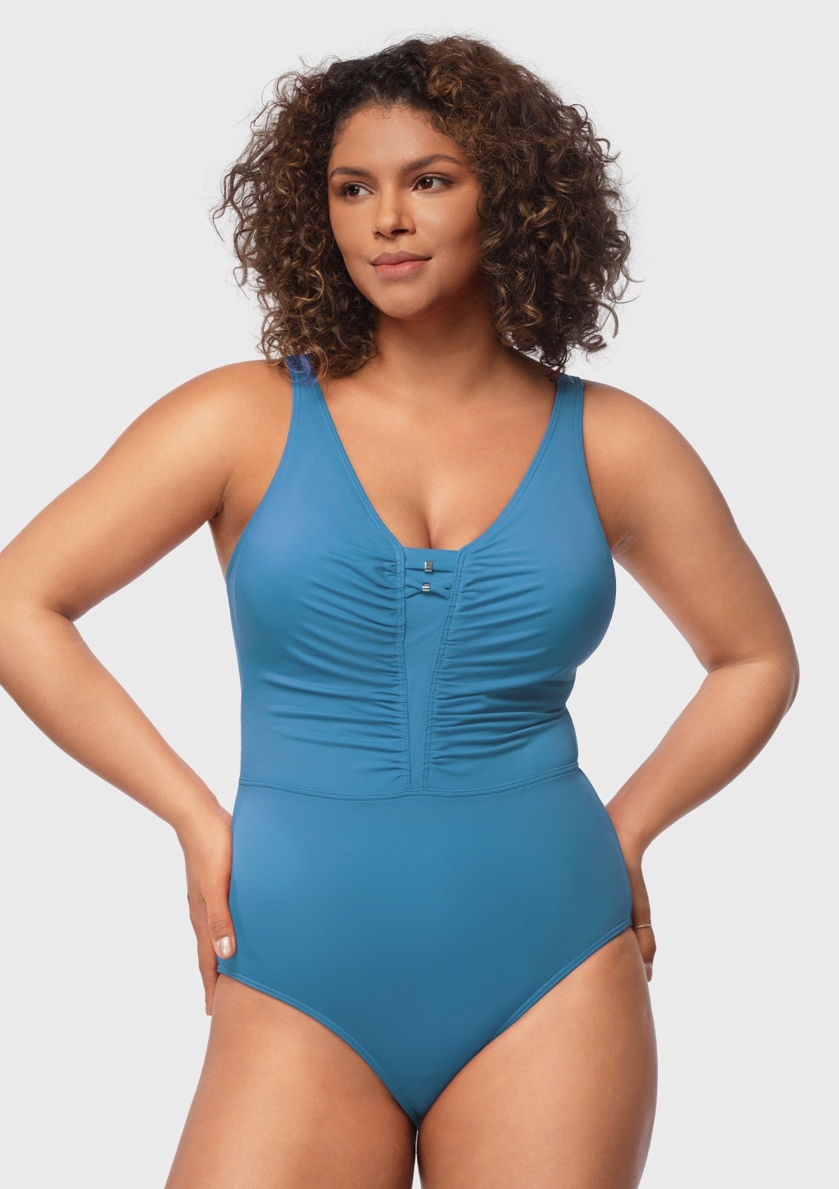 V-Neck Shirred One-Piece Swimwear