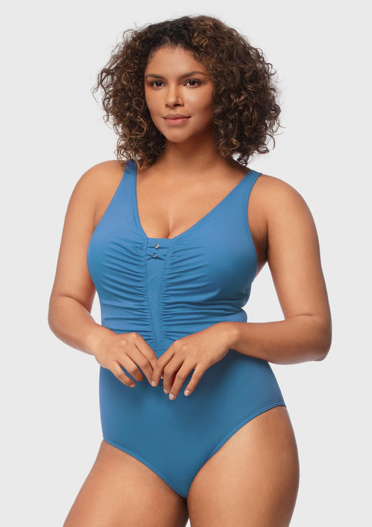 V-Neck Shirred One-Piece Swimwear