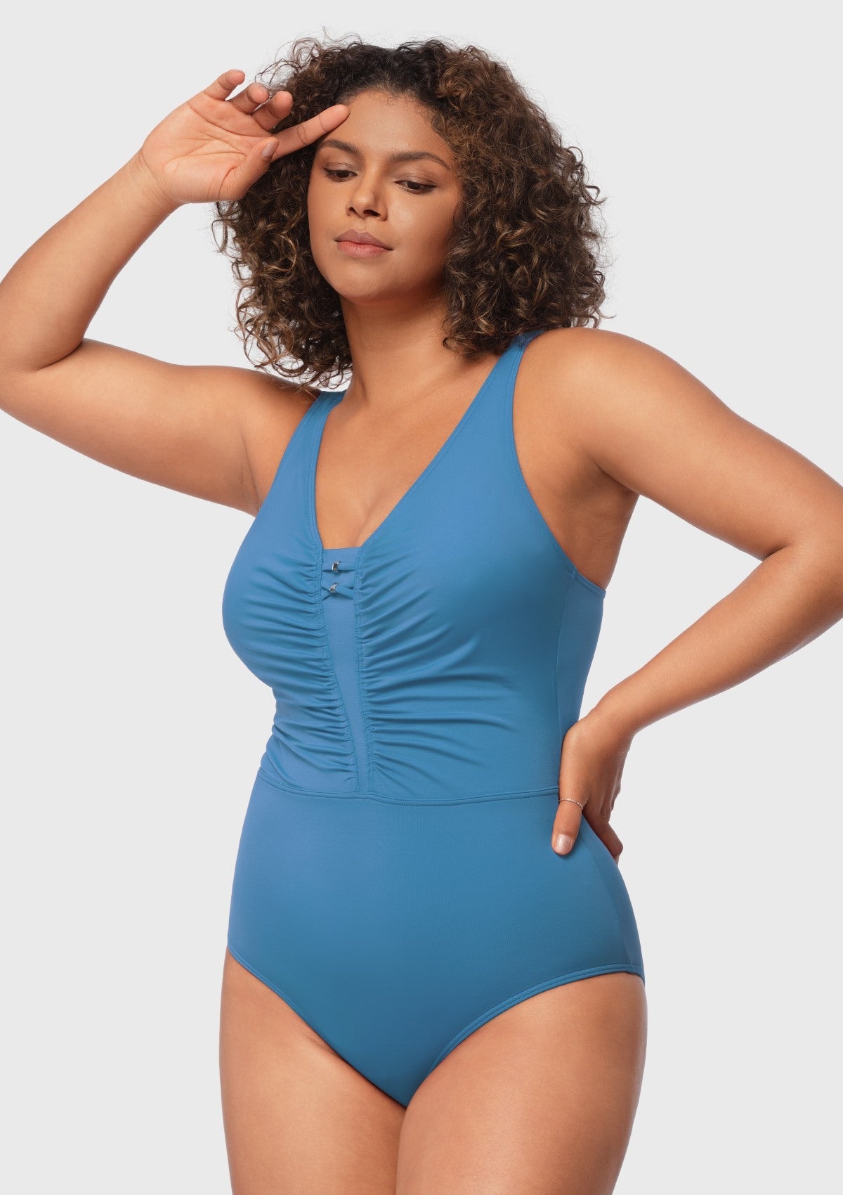 V-Neck Shirred One-Piece Swimwear