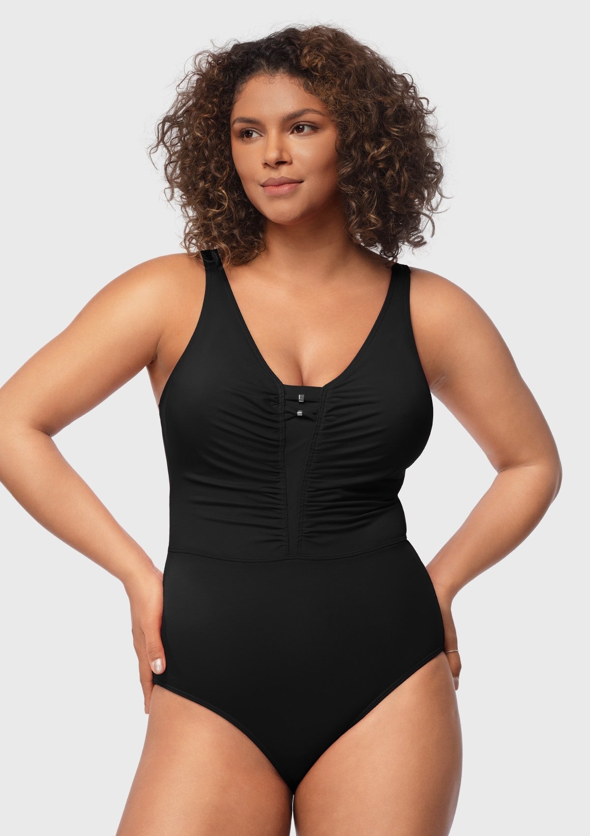 V-Neck Shirred One-Piece Swimwear