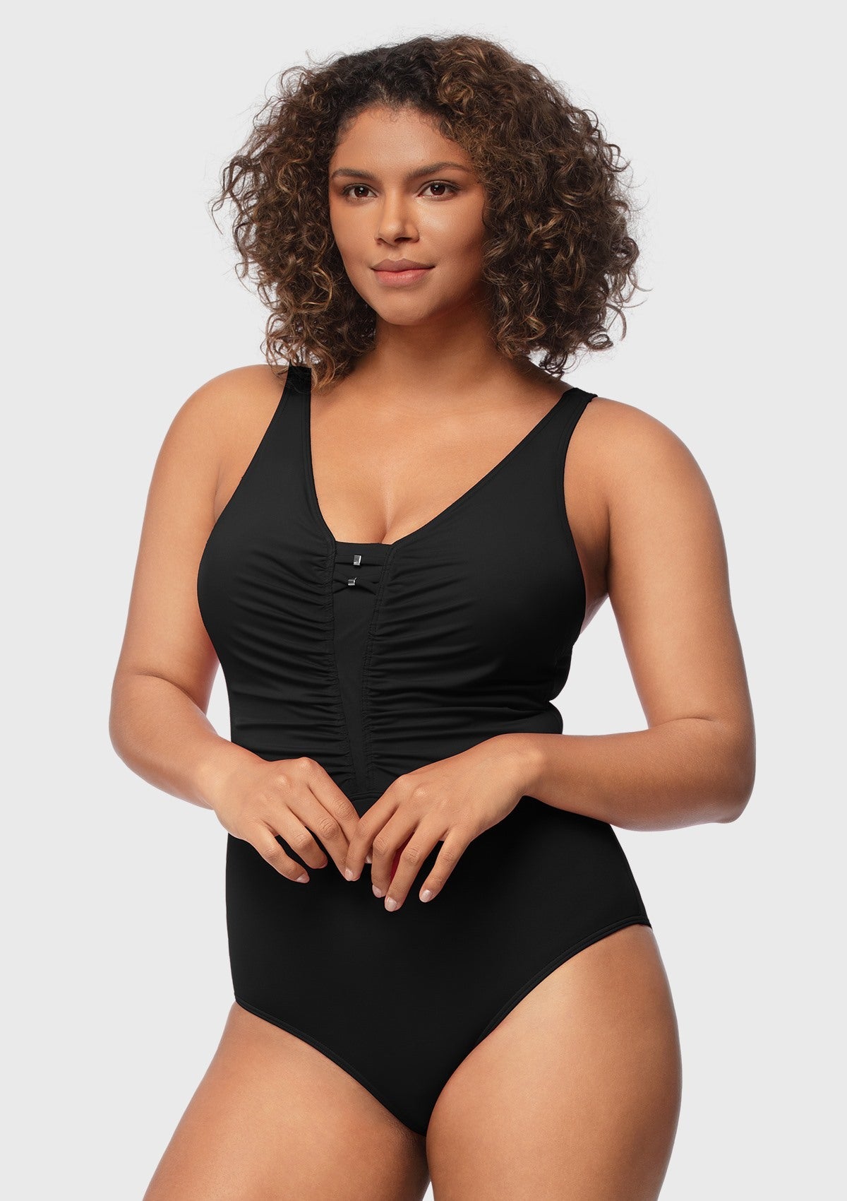 V-Neck Shirred One-Piece Swimwear