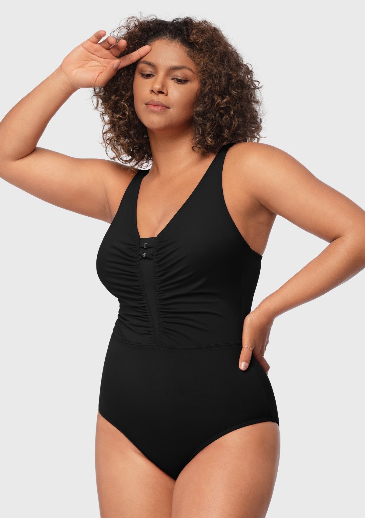 V-Neck Shirred One-Piece Swimwear