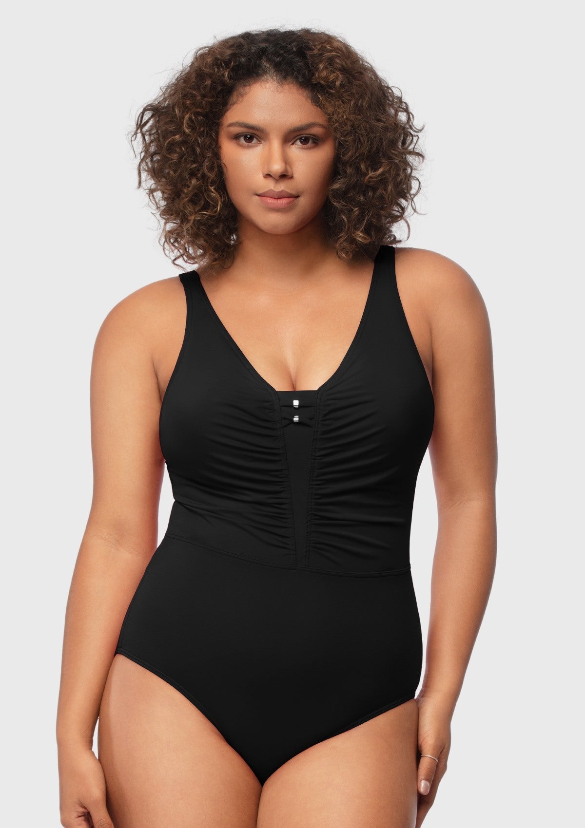 V-Neck Shirred One-Piece Swimwear