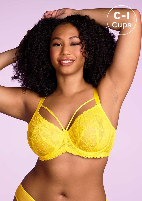 Pretty In Petals Bright Yellow Unlined Strappy Lace Bra Set