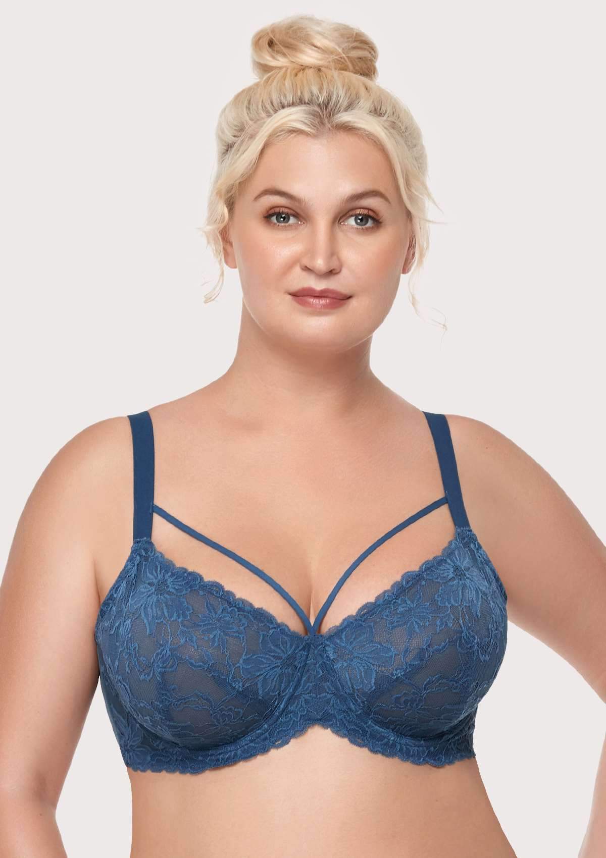 Pretty In Petals Dark Blue Unlined Strappy Lace Bra