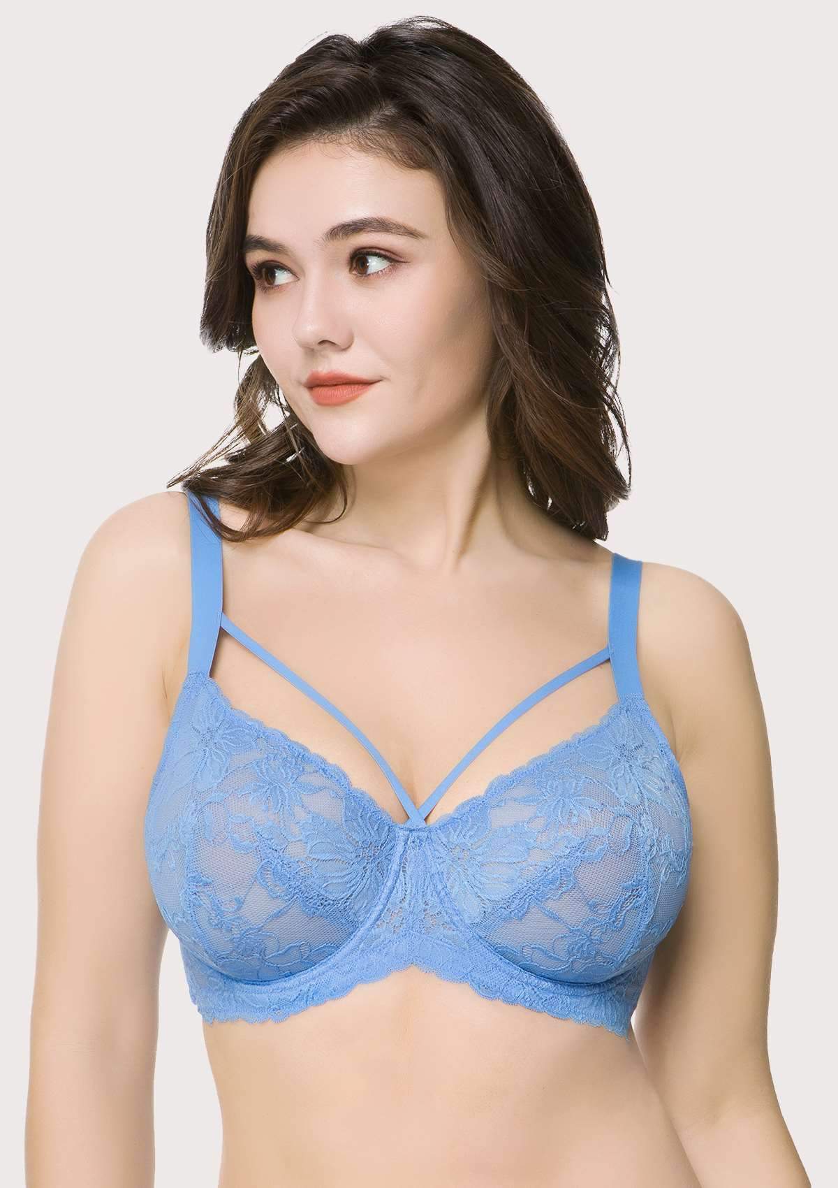 Pretty In Petals Dark Blue Unlined Strappy Lace Bra