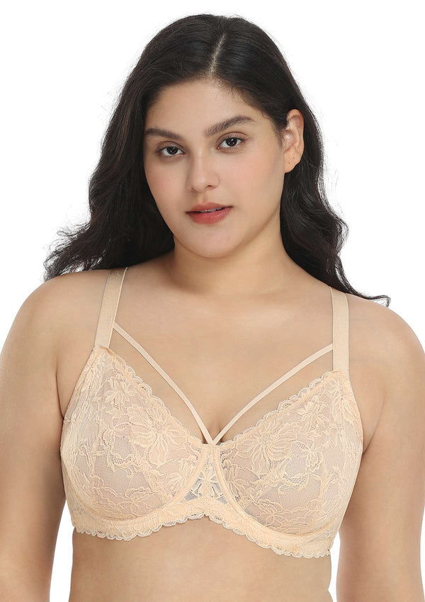 Pretty In Petals Beige Cream Unlined Strappy Lace Bra Set