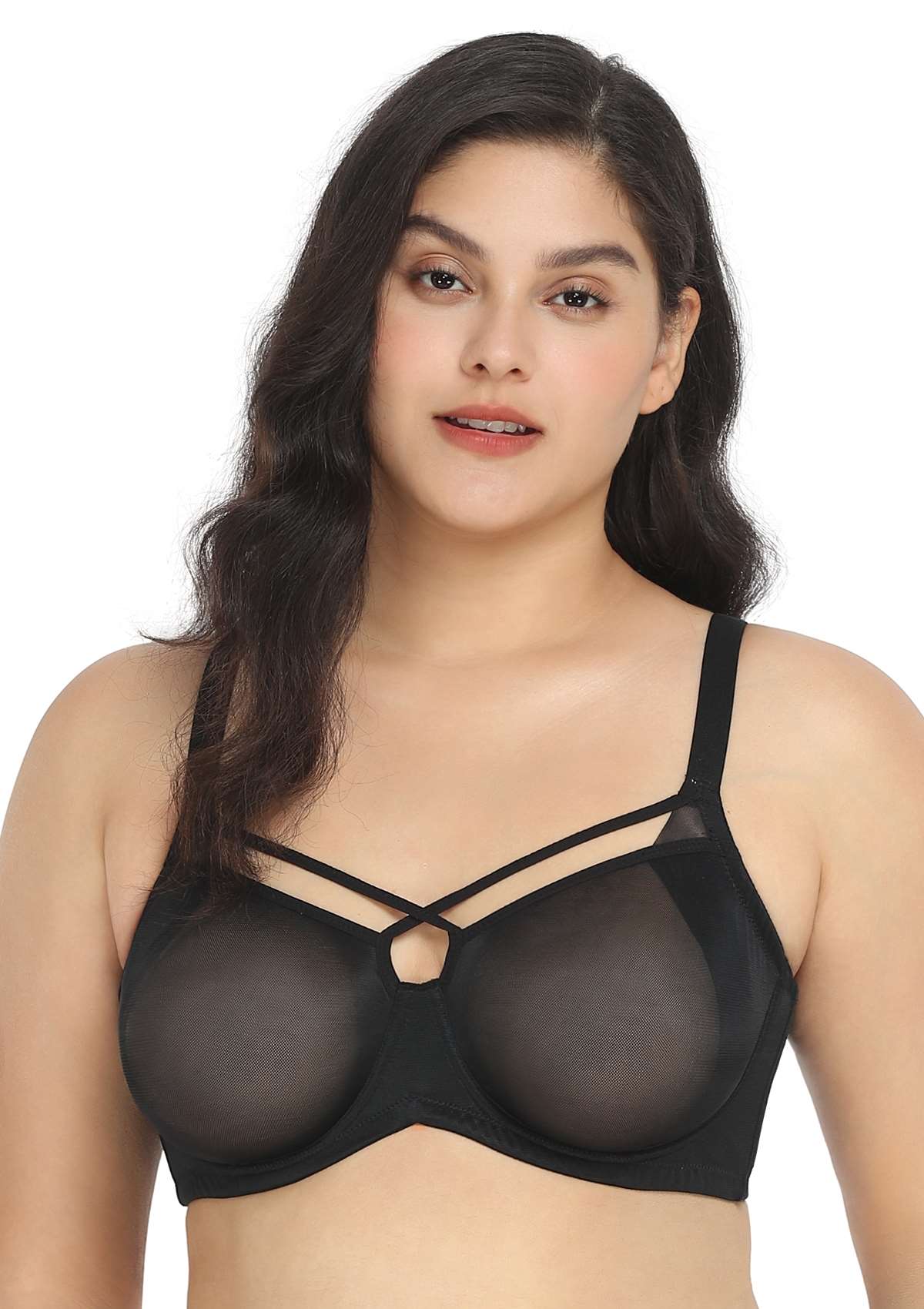 Billie Cross Front Strap Black Smooth Sheer Mesh Underwire Bra Set