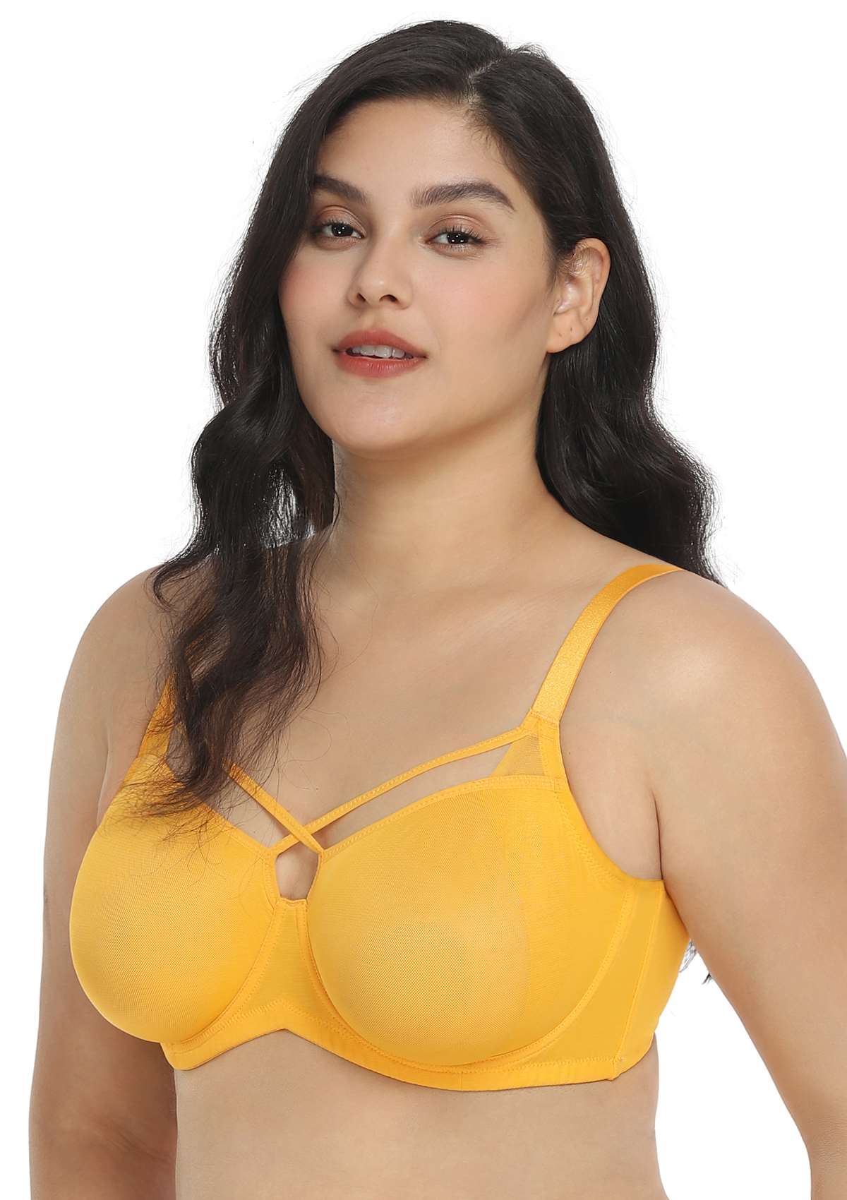 Billie Cross Front Strap Yellow Smooth Sheer Mesh Underwire Bra Set