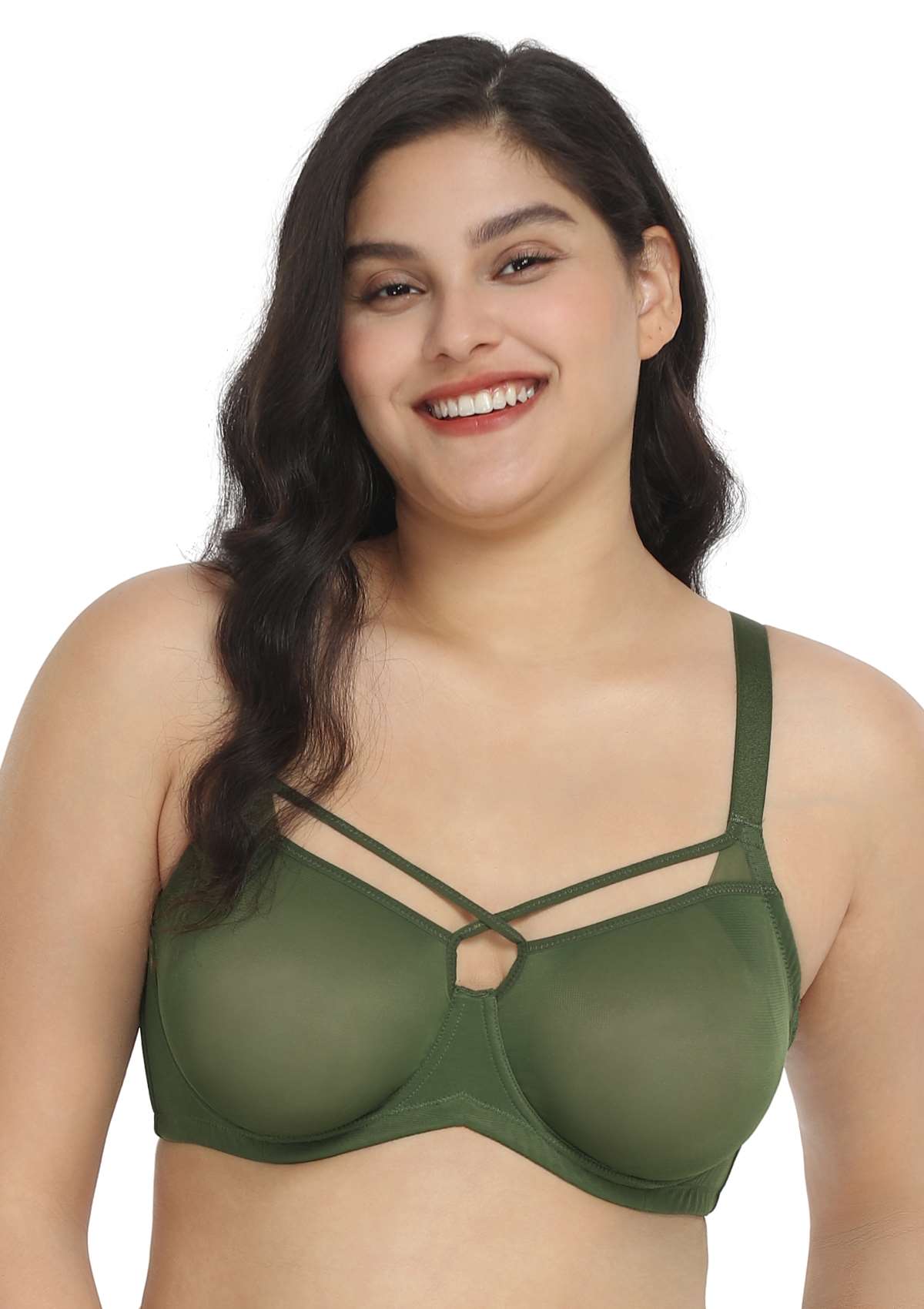 Billie Cross Front Strap Dark Green Smooth Sheer Mesh Underwire Bra Set