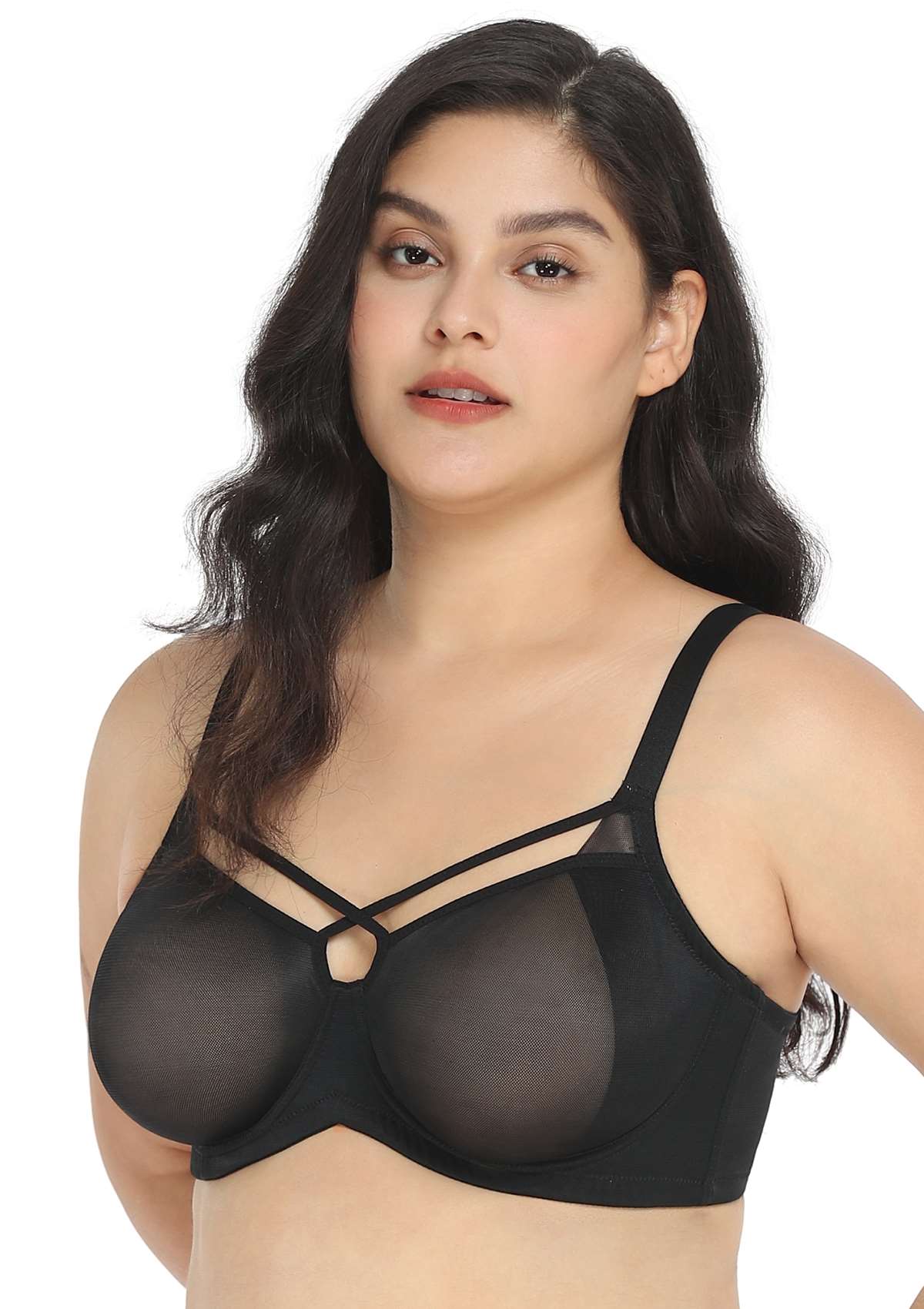 Billie Cross Front Strap Black Smooth Sheer Mesh Underwire Bra Set