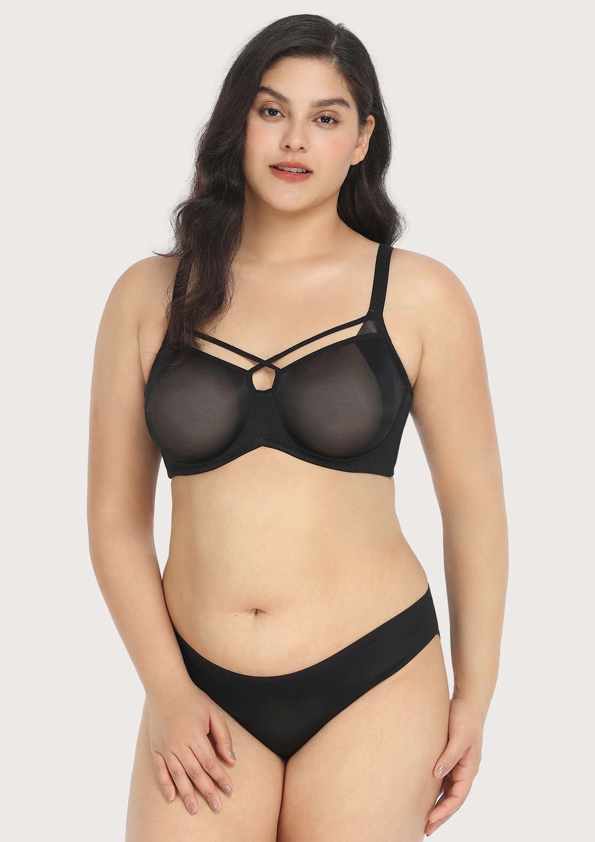 Billie Cross Front Strap Black Smooth Sheer Mesh Underwire Bra Set