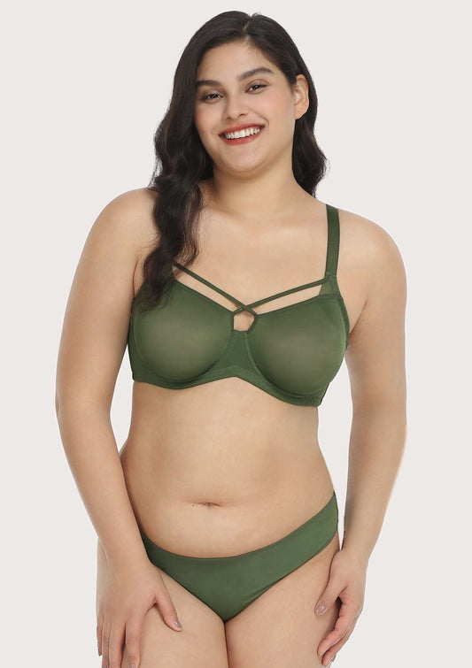 Billie Cross Front Strap Dark Green Smooth Sheer Mesh Underwire Bra Set