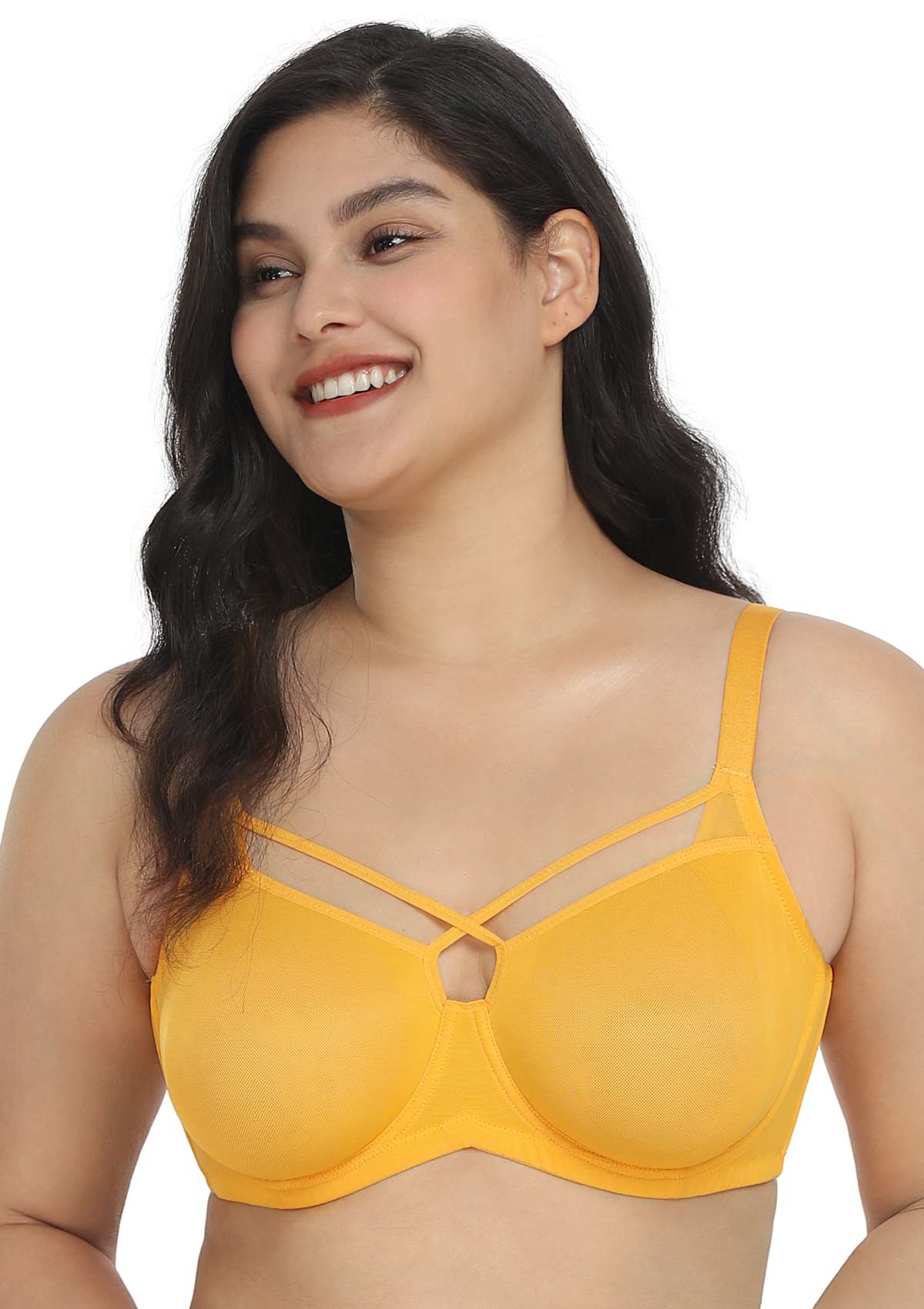 Billie Cross Front Strap Yellow Smooth Sheer Mesh Underwire Bra Set