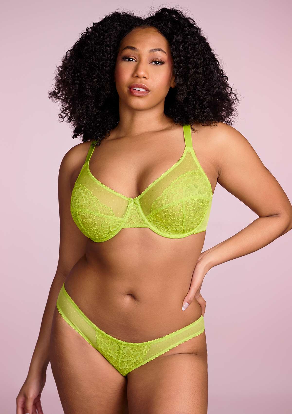 Enchante Unlined Lime Green Lace Underwire Bra Set