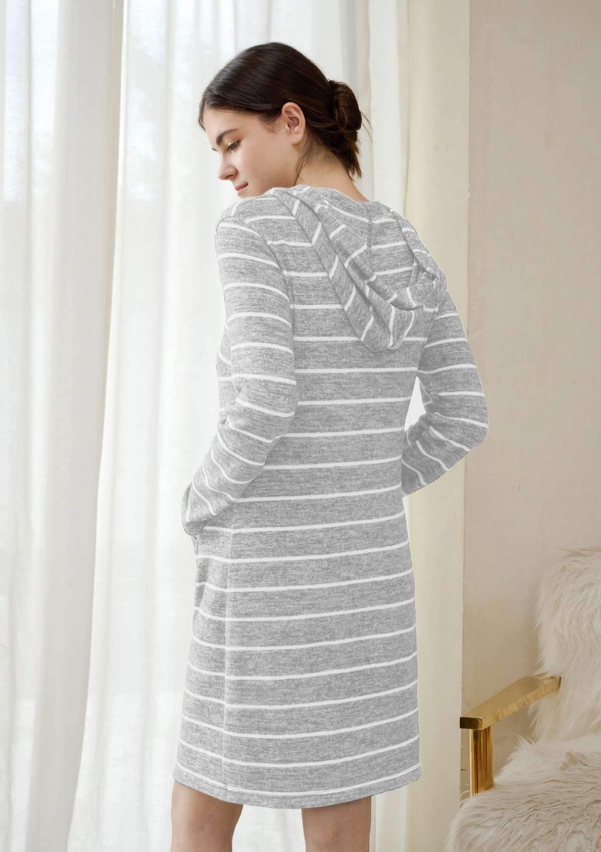 HSIA Brushed Hoodie Striped Sleepshirt