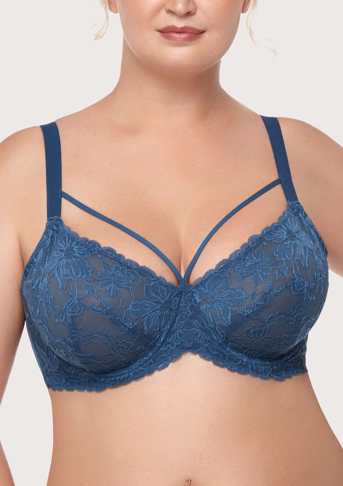 Pretty In Petals Dark Blue Unlined Strappy Lace Bra