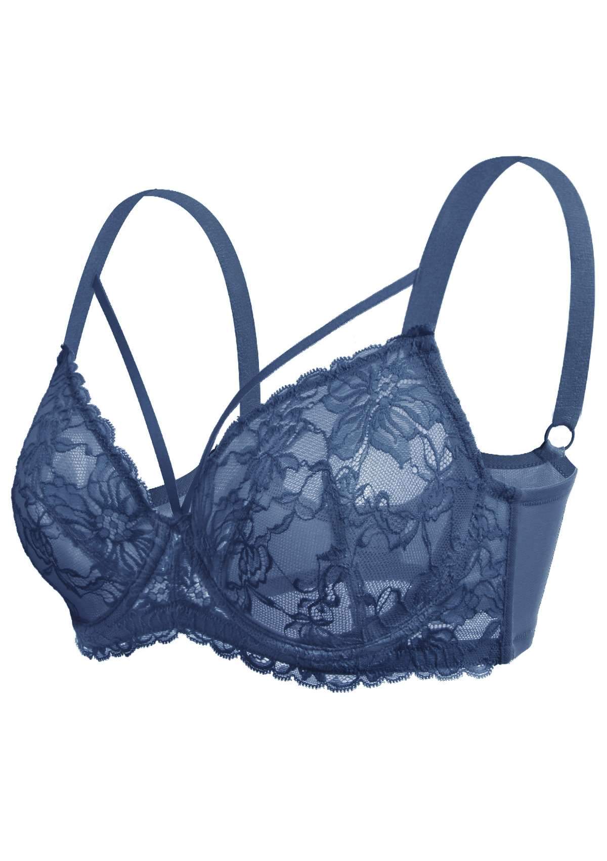 Pretty In Petals Dark Blue Unlined Strappy Lace Bra