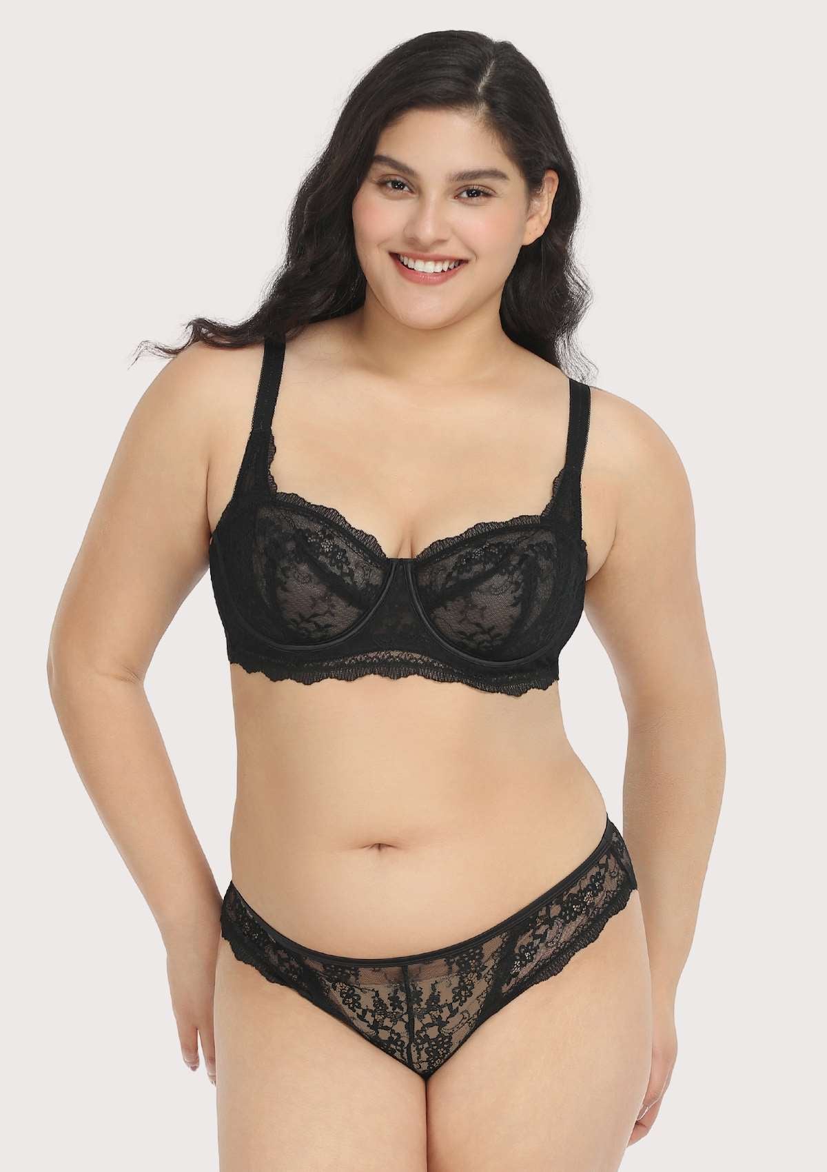 HSIA Floral Lace Unlined Bridal Black Balconette Bra Set