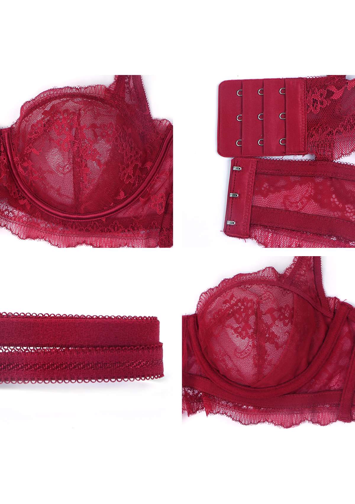 HSIA Floral Lace Unlined Bridal Burgundy Balconette Bra Set