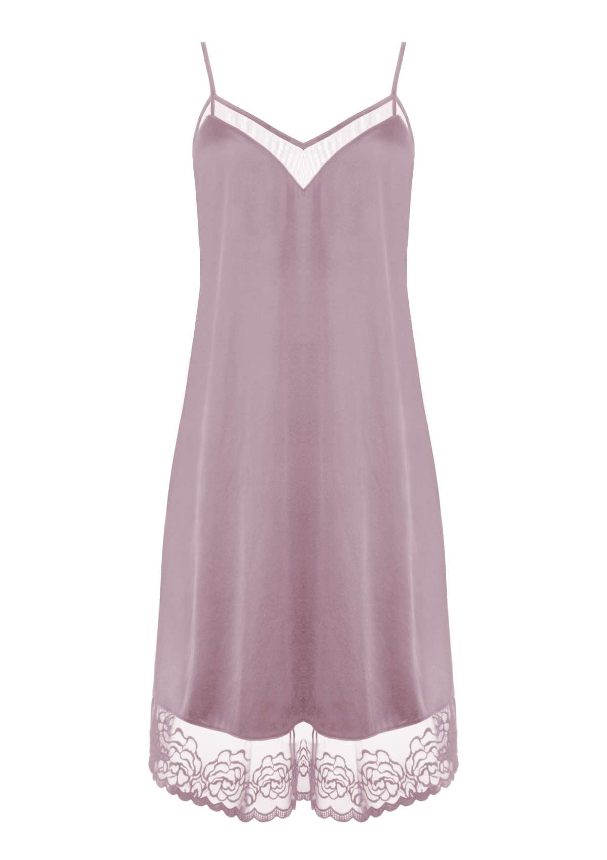 HSIA V-Neck Silky Chemise with Rose-Patterned Lace Trim