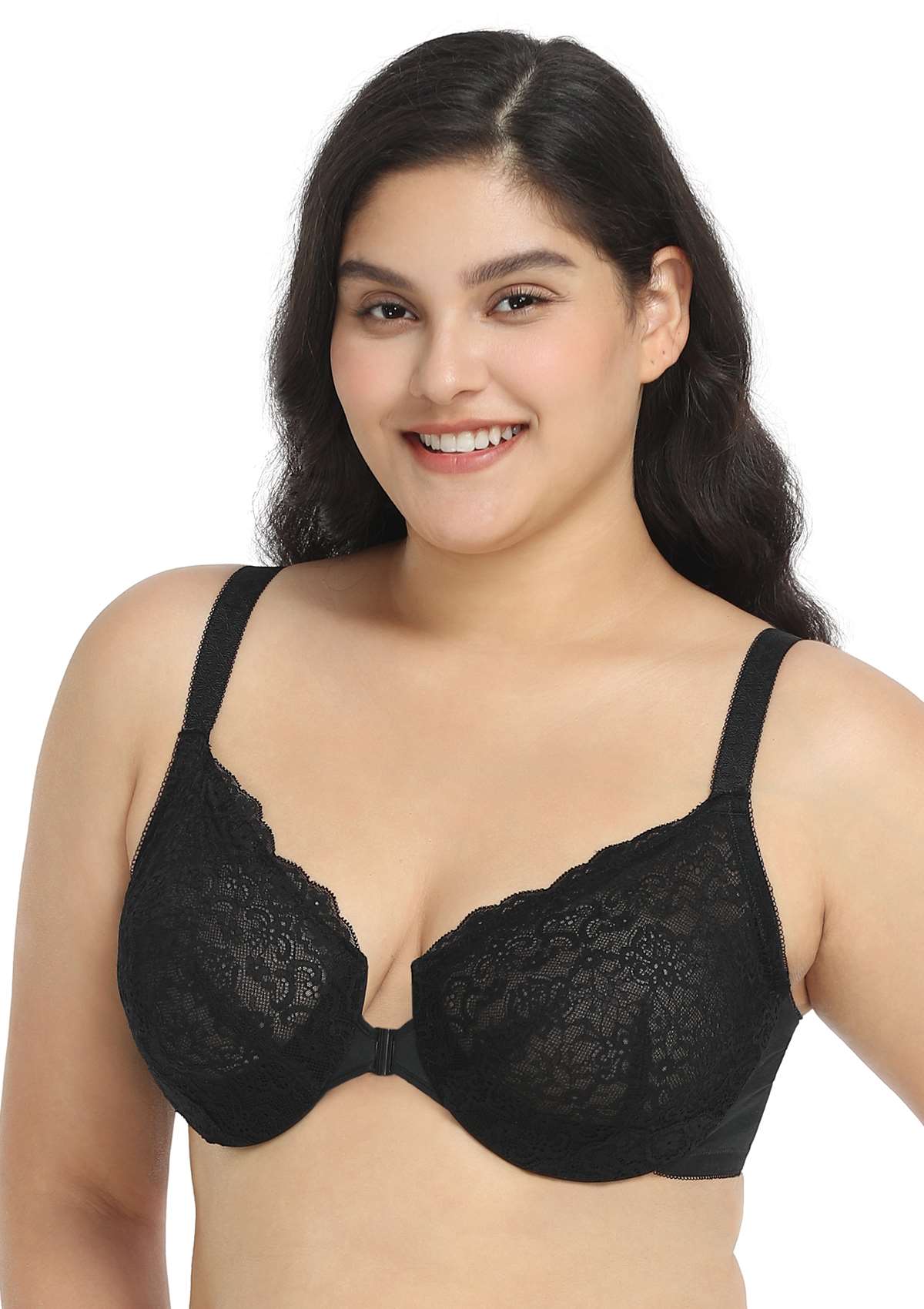 Nymphaea Front-Close Black Retro Floral Lace Unlined Bra Set