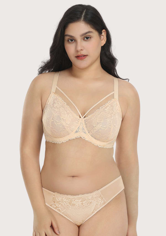 Pretty In Petals Beige Cream Unlined Strappy Lace Bra Set