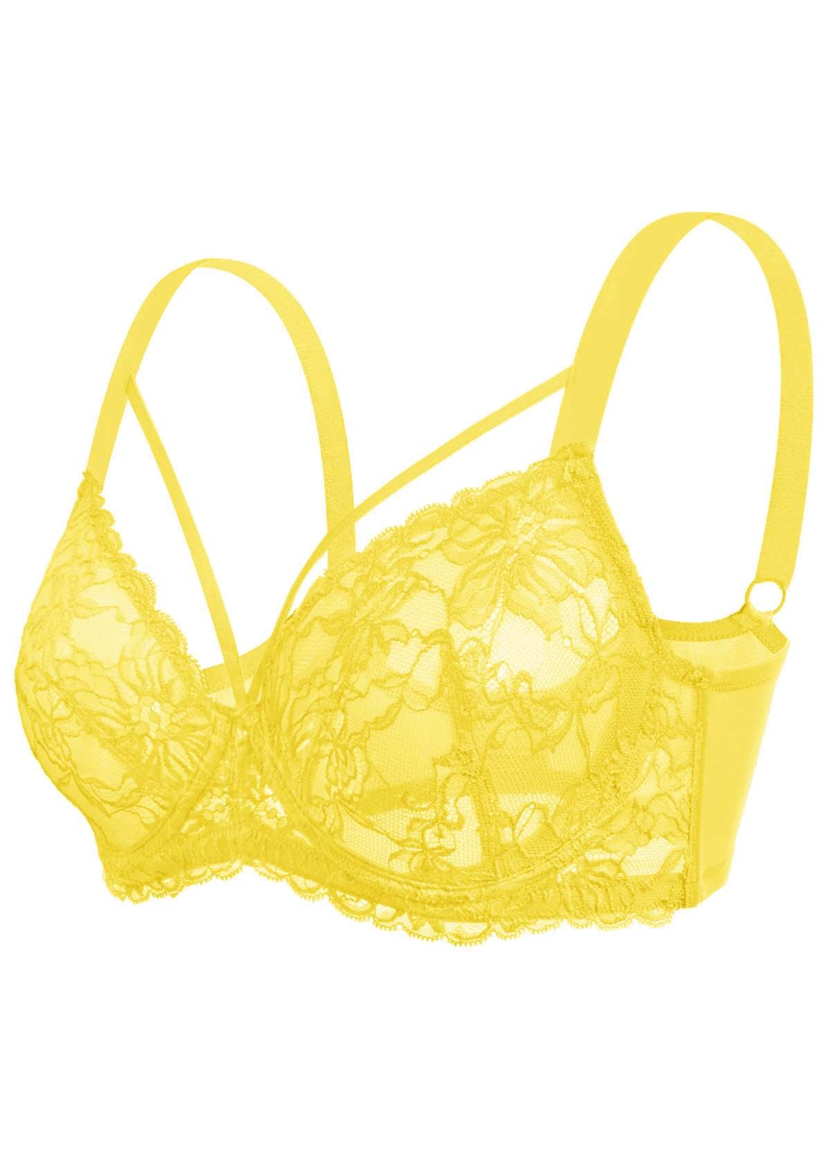 Pretty In Petals Bright Yellow Unlined Strappy Lace Bra Set