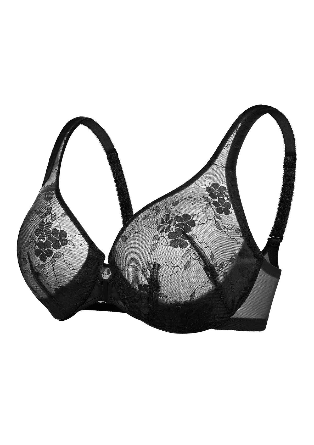 Spring Romance Front-Close Floral Black Lace Unlined Bra Set