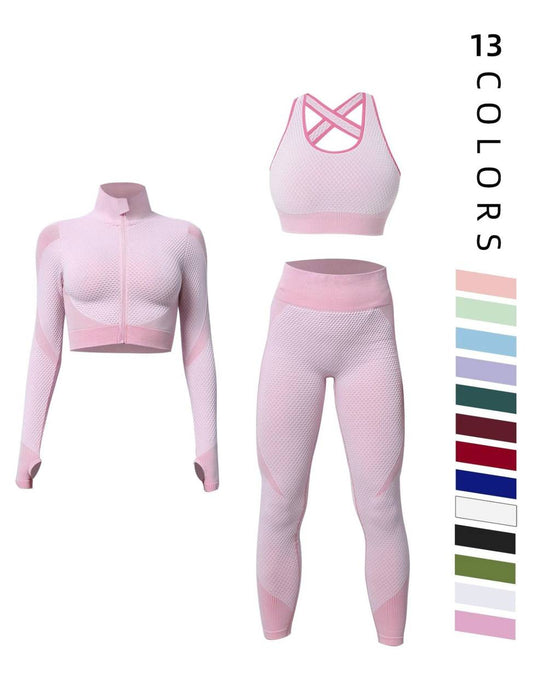 3 Pieces Women's Colorblock Zip Up Crop Jacket & High Waist Ribbed Leggings & Bra Shapewear Set